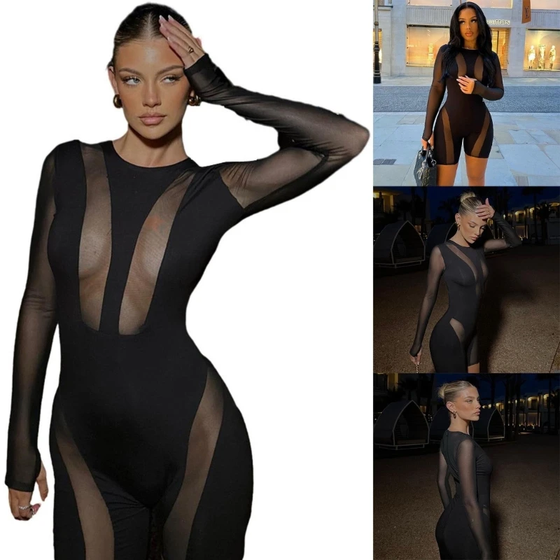

Sexy Mesh Shorts Jumpsuits for Women Elegant Long Sleeve One Pieced Outfits