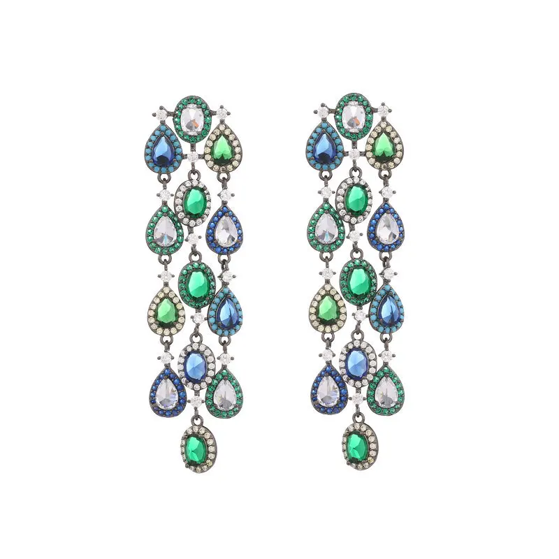 Bohemian jewelry inlaid with colorful zircon long style dinner tassel earrings 2023 stylish earrings 925 Silver Needle