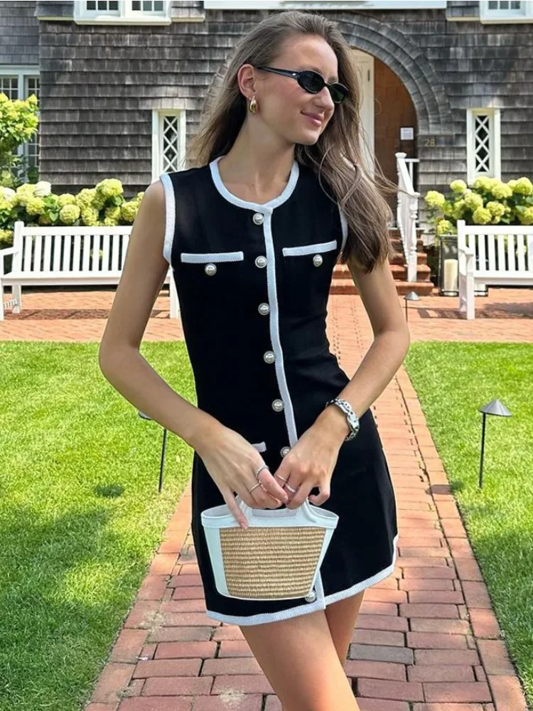

TARUXY Knitted Elegant Dresses For Women O Neck Sleeveless Slim Splice Dress Womens 2024 Party Wedding Temperament Dress Woman