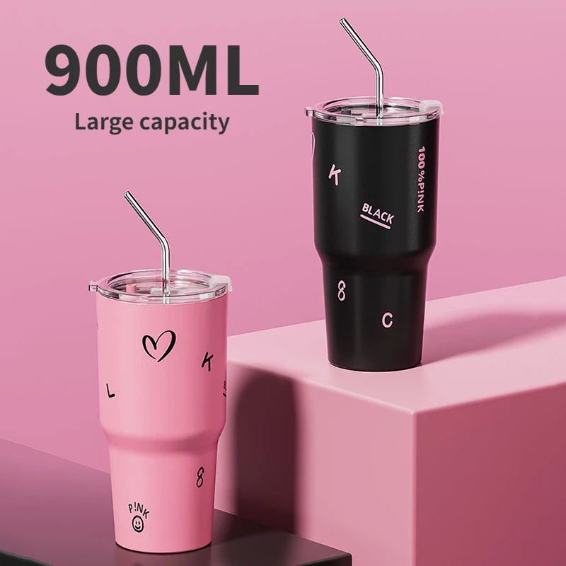 900ml Kpop Black & Pink Coffee Cup Thermal 30oz Stainless Steel Mug Tumbler  Portable Straw Cups Drinkware Thermos for Hot Coffee - AliExpress