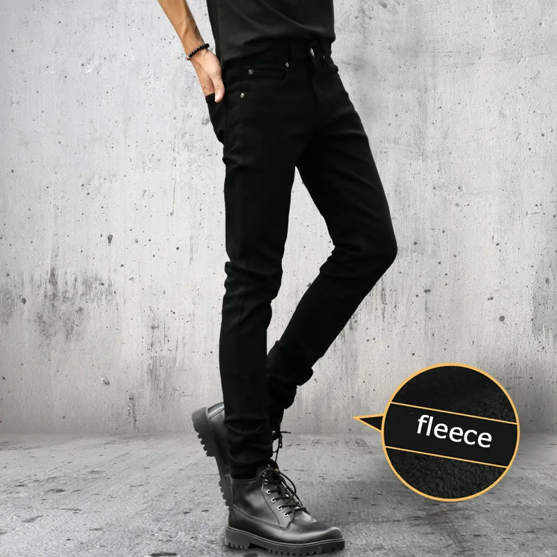Hot Style 2022 Autumn Winter Thicken Fleece Leg Pants Jeans Hip Hop Men' S Black Cowboy Teenagers Elastic Youth Men's Trousers