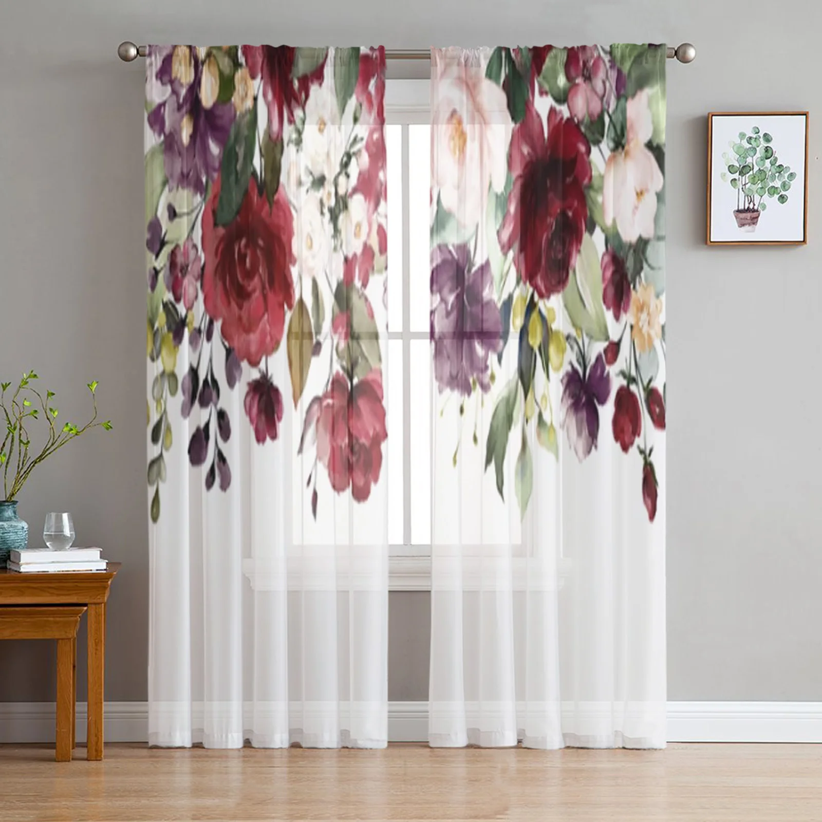 

Watercolor Pink Flowers Roses Sheer Curtains For Living Room Window Transparent Voile Tulle Curtain Bedroom Drapes Home Decor