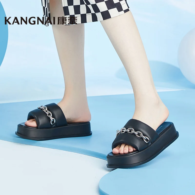 

Kangnai Slippers Women Slip-On Metal Chain Outdoor Slides Sheep Leather Platform Flats Summer Female Beach Shoes