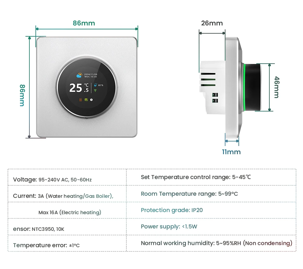 Smart Knob Thermostat, Multiple Scene Displays, Weekly Programming Mode, Work wi