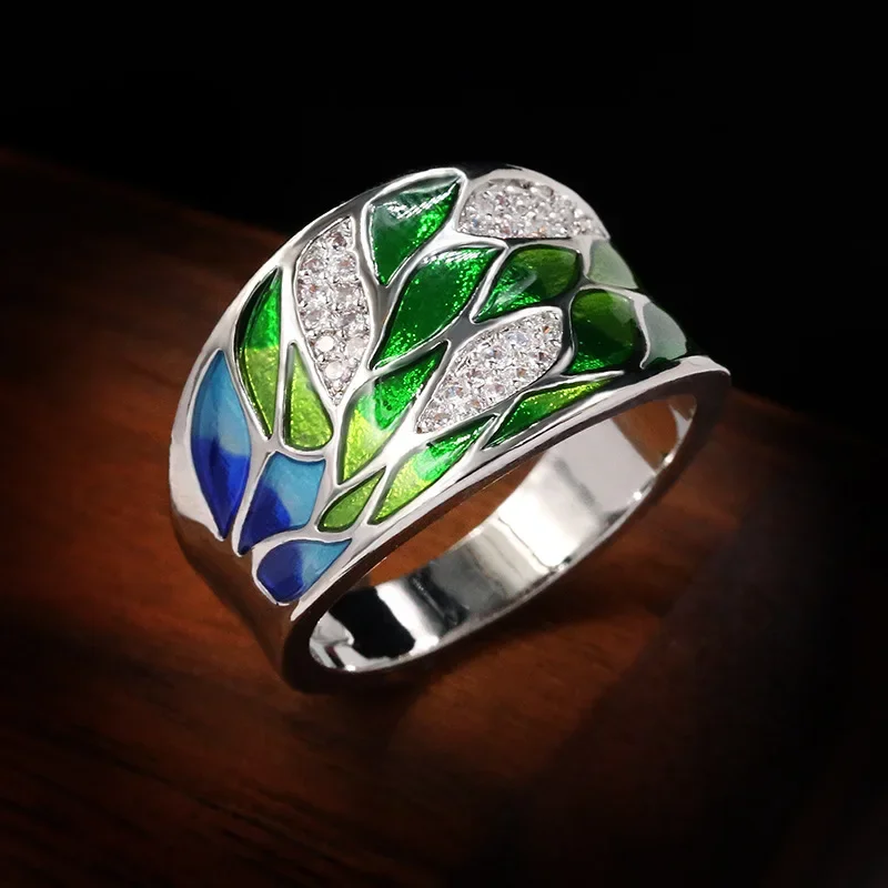 Silver Rings Silver Ring Wedding Rings Elegant Bohemian Style 925 Silver Green Leaf Enamel Ladies Ring Zircon Inlaid Wedding Ring Fashion Jewelry Flower For Women
