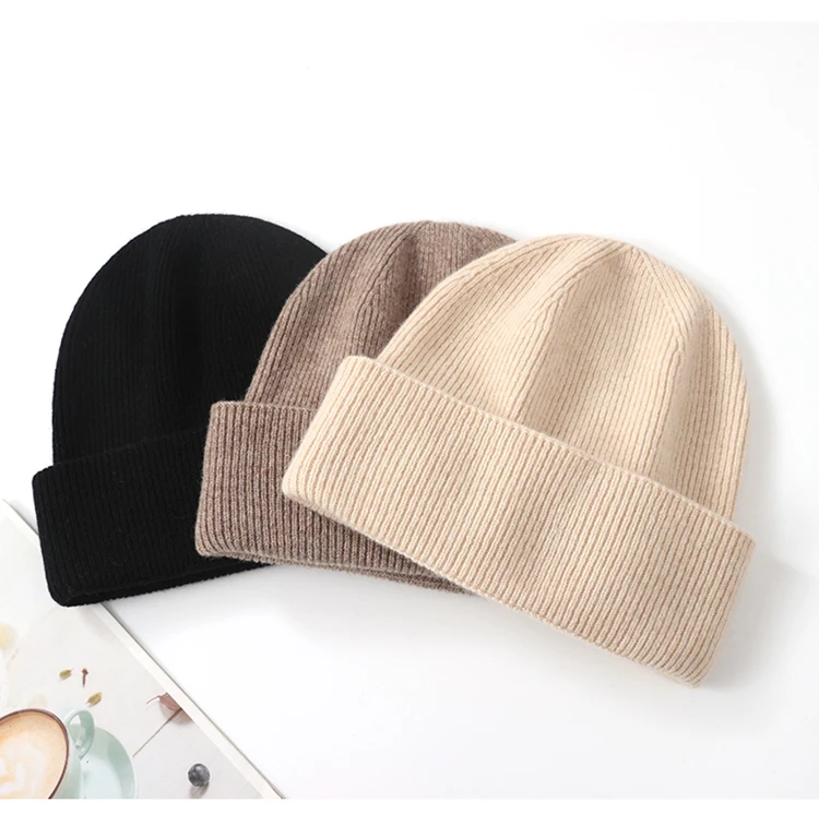 Unisex No-Naht-Strickmütze aus 100 % Wolle, Damen-Wintermütze, warme Mütze aus reiner Wolle, weiche Outdoor-Mütze für Herren, gefaltet – Detail 5