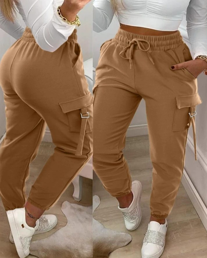 Women's Pants 2024 Spring Fashion Drawstring Buckled Pocket Design High Waist Casual Plain Daily Long Cuffed Cargo Pants