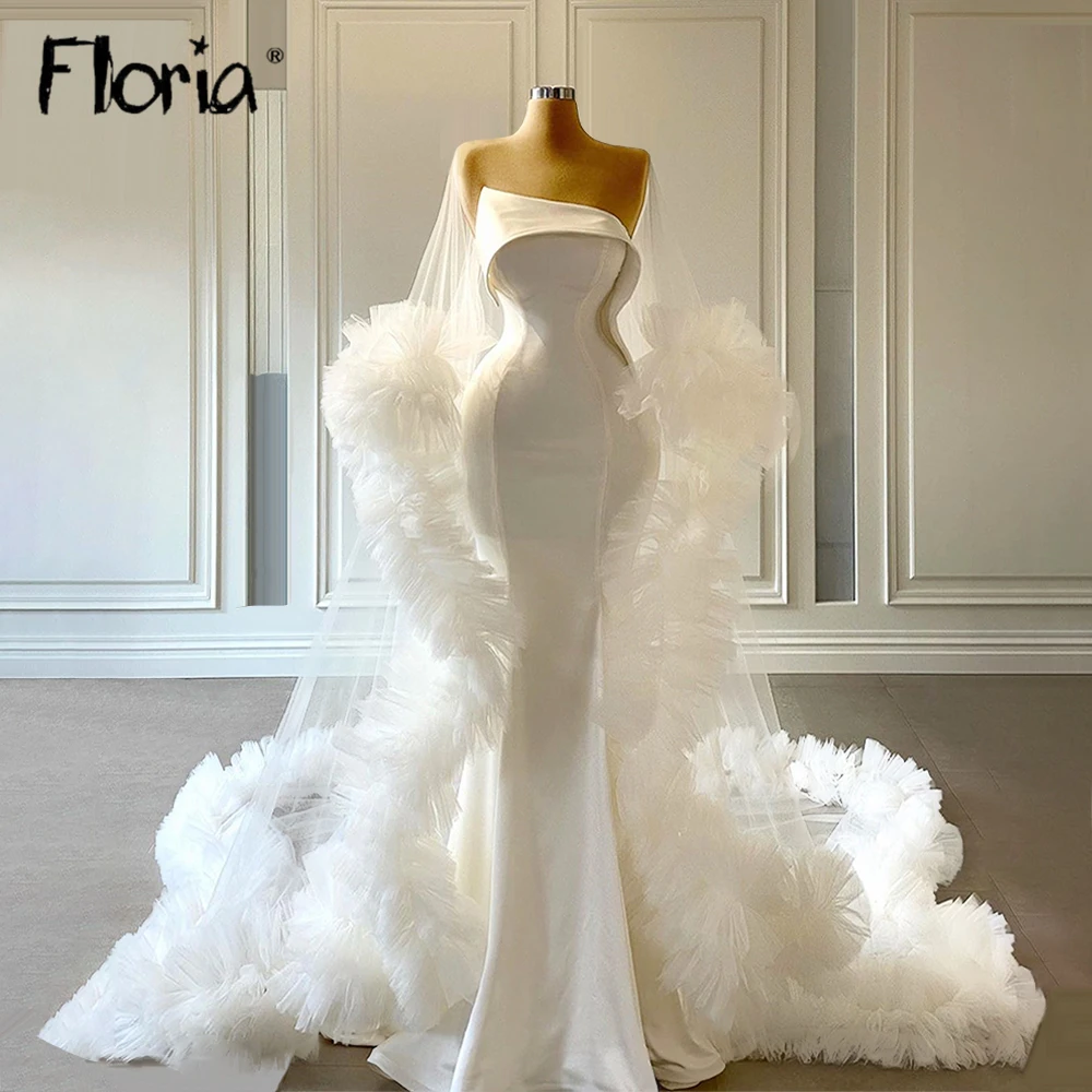 

Mermaid Formal Dress Wedding Gowns Aso Ebi White Satin Prom Gowns With Tulle Ruffle Cloak 2023 Stunning Vestido De Novia
