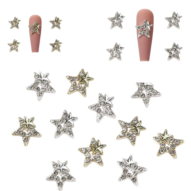 10Pcs Hollow Out Pentagram Alloy Charms 10mm Gold/Silver Metal Star Parts  5-Pointed Stars Rhinestone Gems Stones Nail Decoration