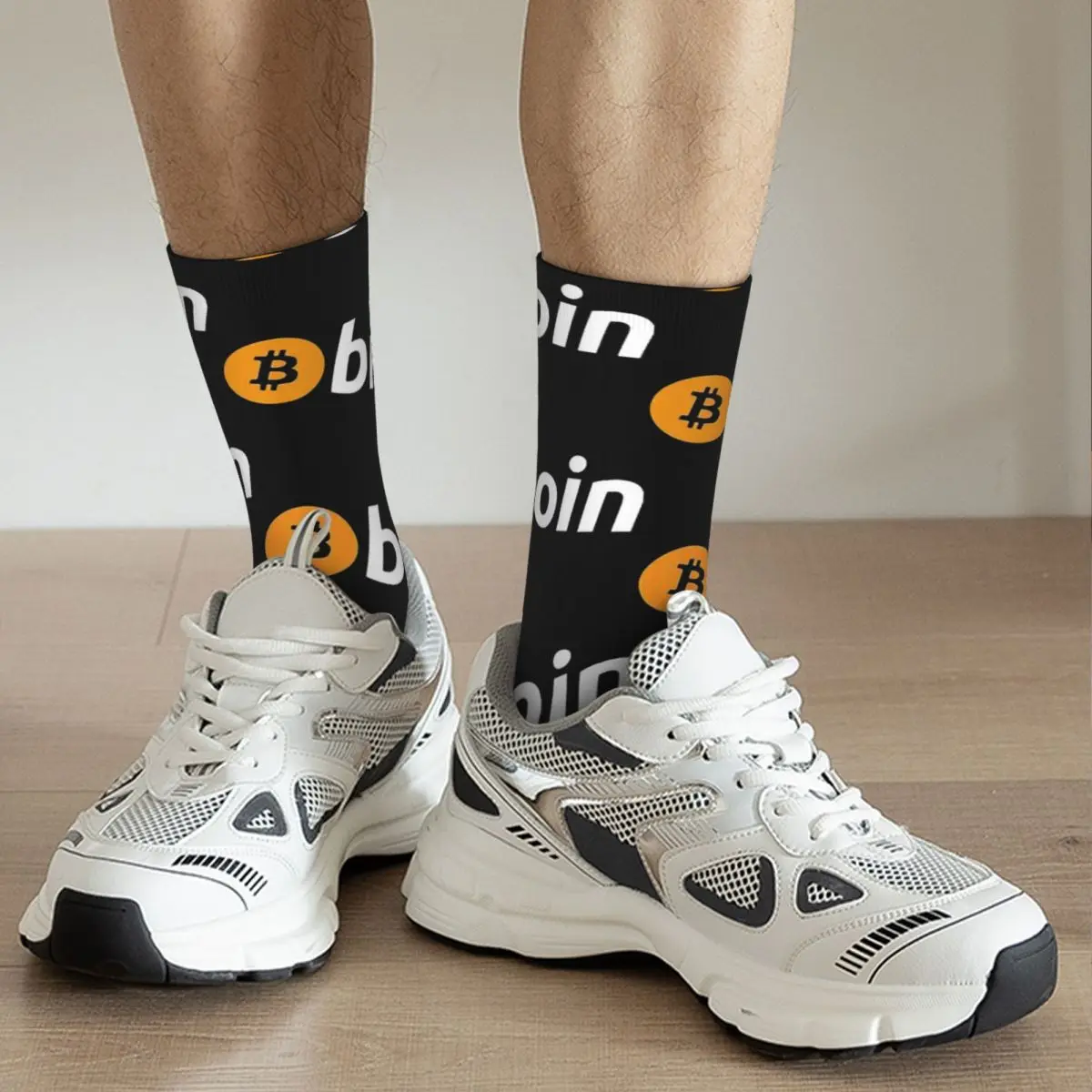 Funny Crazy Sock for Men Bitcoin Hip Hop Vintage Bitcoin Happy Seamless Pattern Printed Boys Crew Sock Novelty Gift