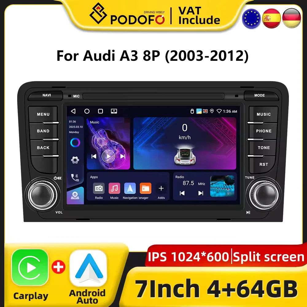 Podofo CarPlay Android Radio para Audi A3 8P 2003-2012 sistema inteligente de coche 2din GPS reproductor Multimedia estéreo RDS FM Radio de coche 1