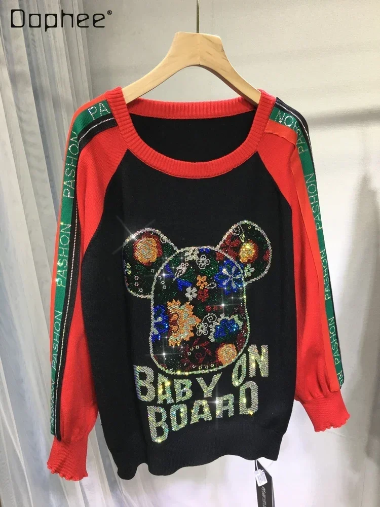 

Hot Drilling Cartoon Crew Neck Pullover Hoodies Women 2023 Autumn Winter Cute Bear Loose Black Long-Sleeved Sweatshirts Female