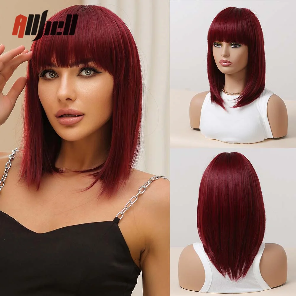 

Синтетические винно-красные женские парики, парик с прямыми плечами и длинными волосами, с полной челкой, натуральные термостойкие парики для косплея