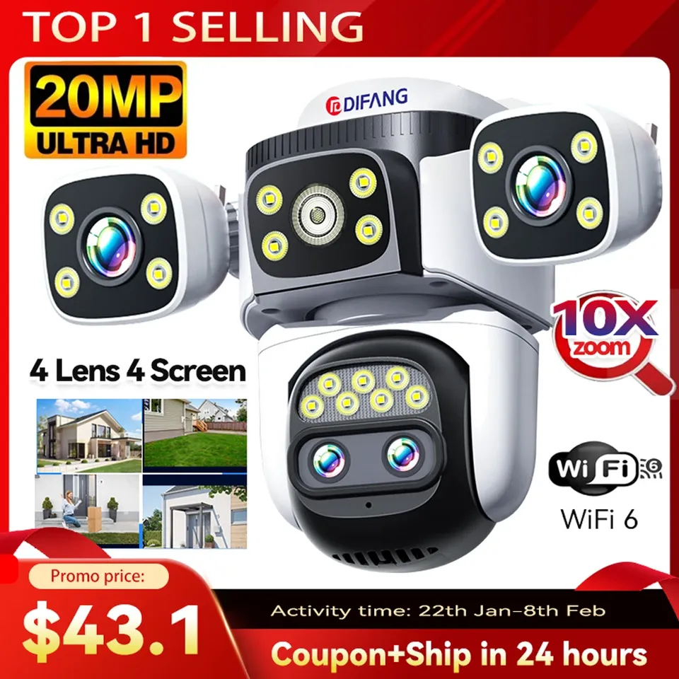 10K Home Security WiFi Camera Four Lens Four Screen  360Â° 10X Optical Zoom CCTV  Auto Tracking 20MP Wireless Surveillance IP Cam