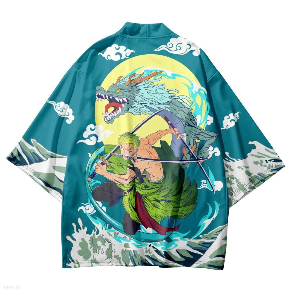 

Japanese Anime Dragon Print Traditional Kimono Samurai Cosplay Haori Obi Women Men Cardigan Shirt Beach Yukata Asian Clothing