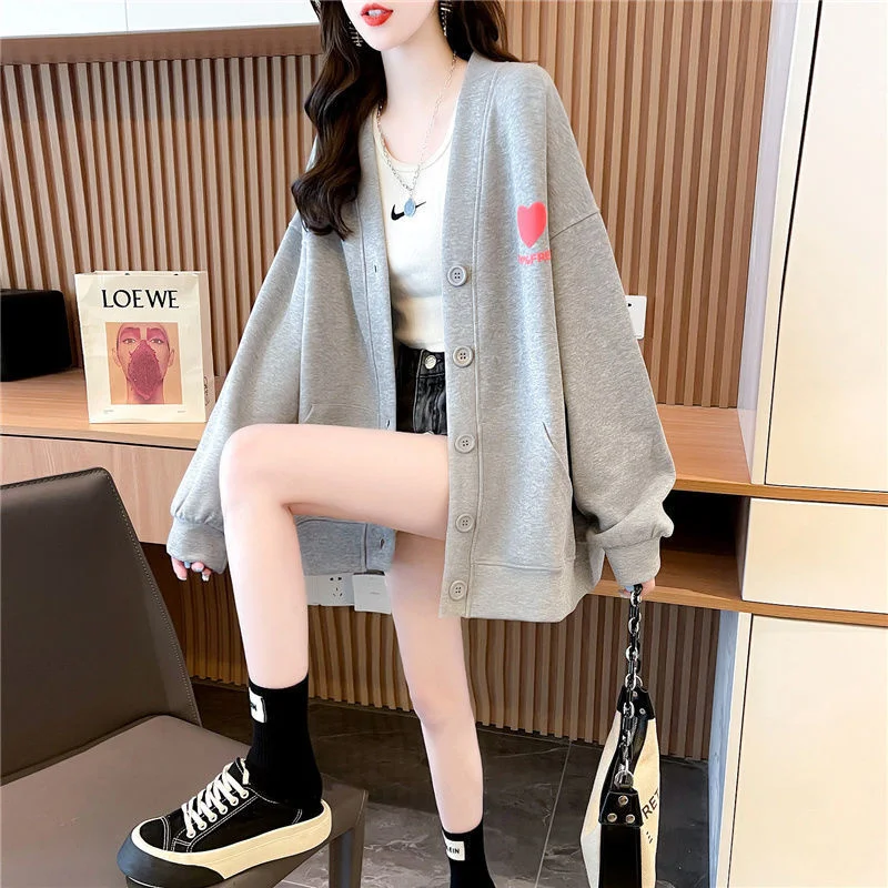 

Autumn Korean Style Letter Love Graphic Print Oversized Single-breasted Sweatshirts Women Casual Long Sleeve Loose Tops 2023