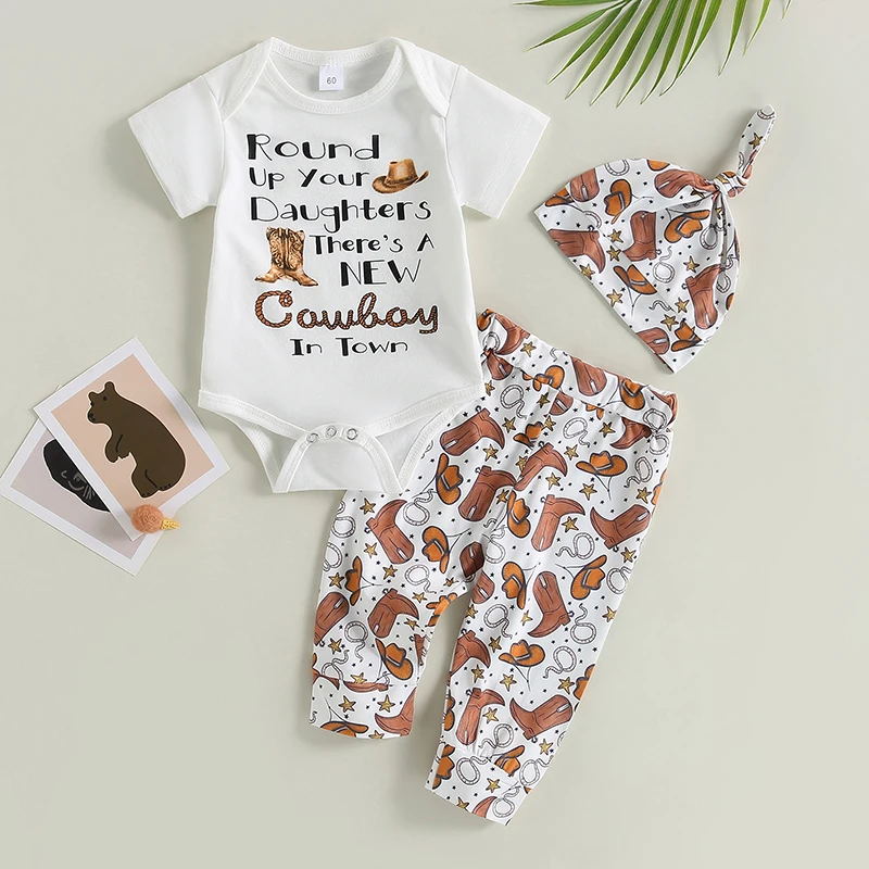 FOCUSNORM 0-18M Infant Boys Summer Clothes Sets 3pcs Letter Print Short Sleeve Romper Cow Head/Boots Pants Hat