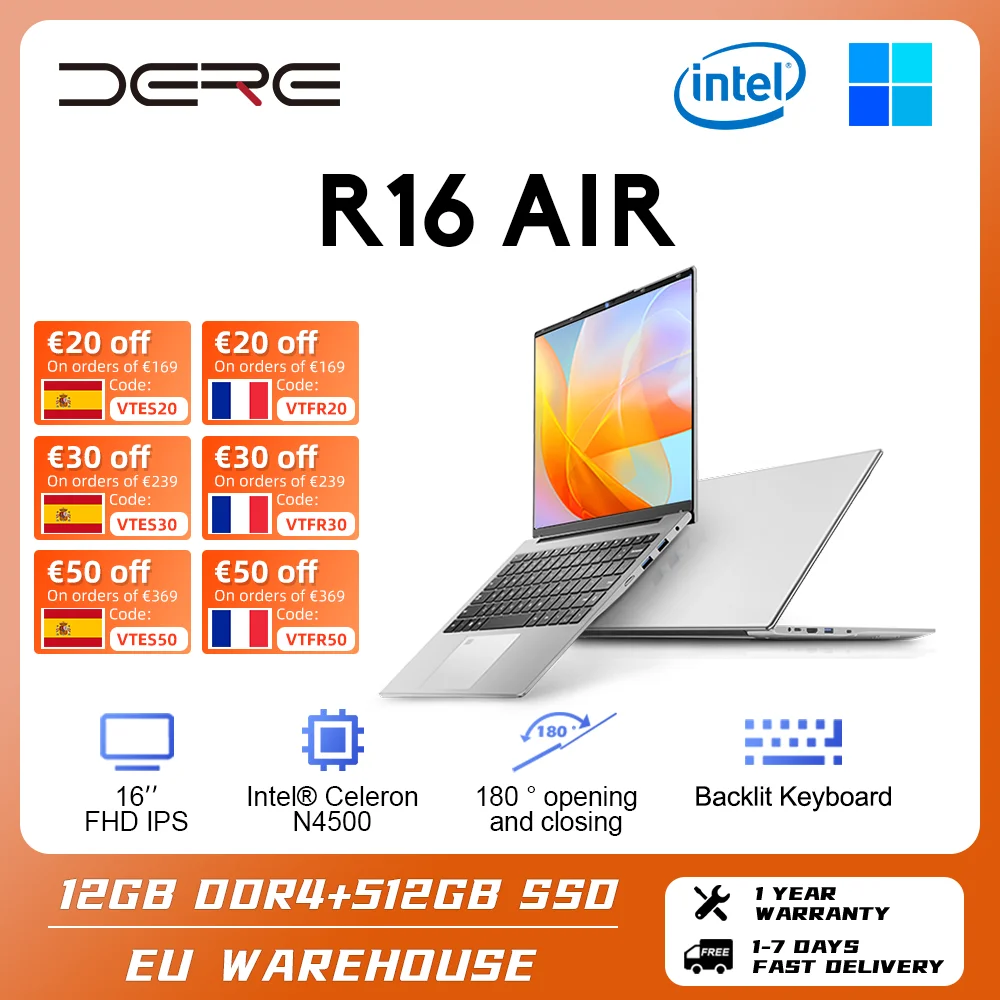 Dere R16 Air Laptop 16 Pollici Ips Full Hd Intel Celeron N4500 12Gb + 512Gb Ssd Gaming Office Learning Laptop Windows 11 Notebook