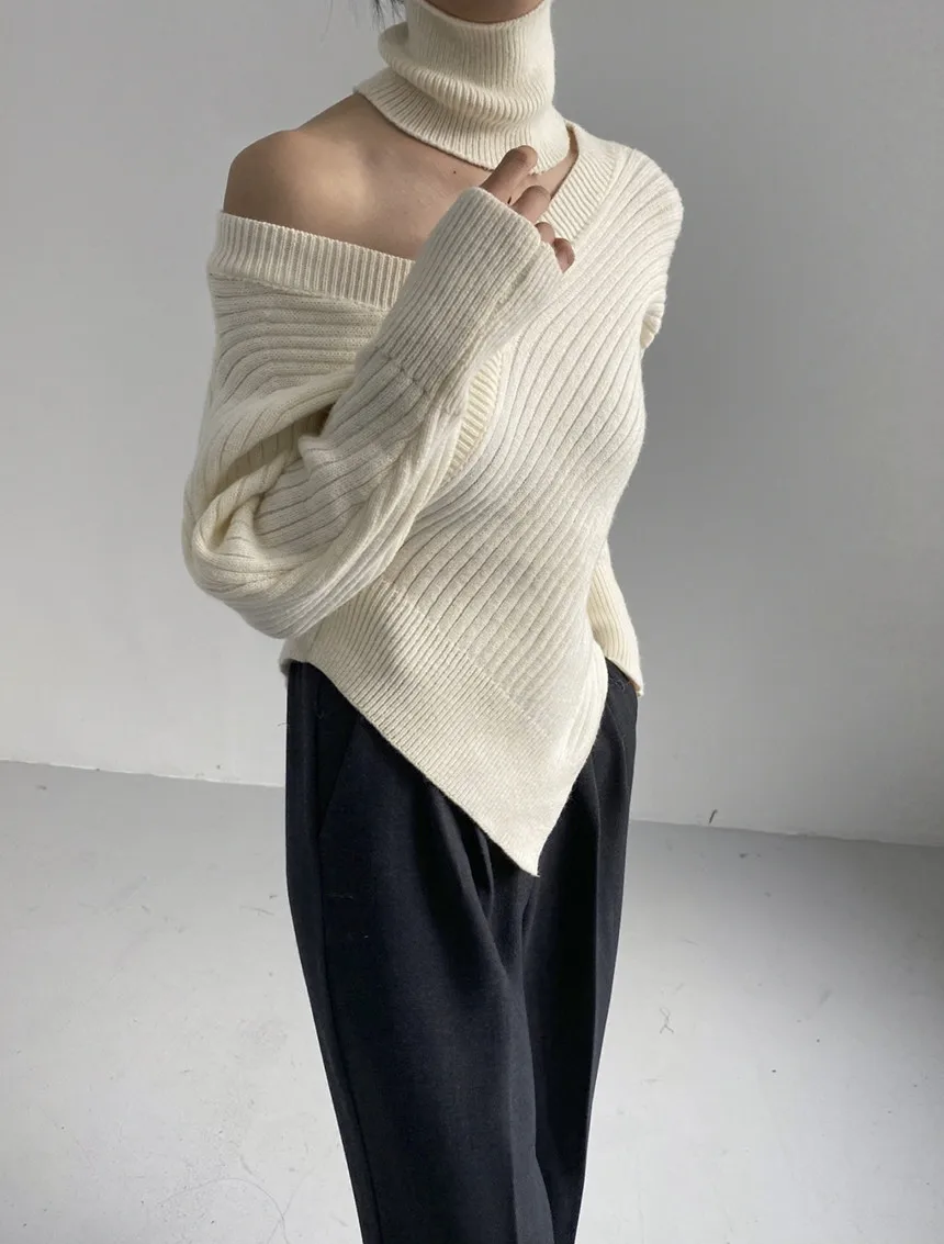 HziriP Turtleneck Sweaters Women Pullovers 2022 New OL Fashion Vintage Off Shoulder Solid All-match Daily Basic Knitwear Tops cropped sweater