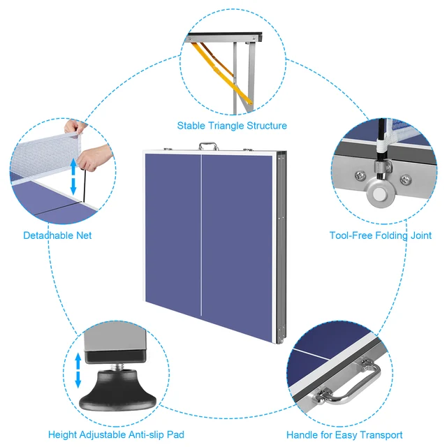 6 ft Blue Foldable Table Tennis Table Set, Portable Ping Pong Table with Net, 2 Paddles and 3 Balls