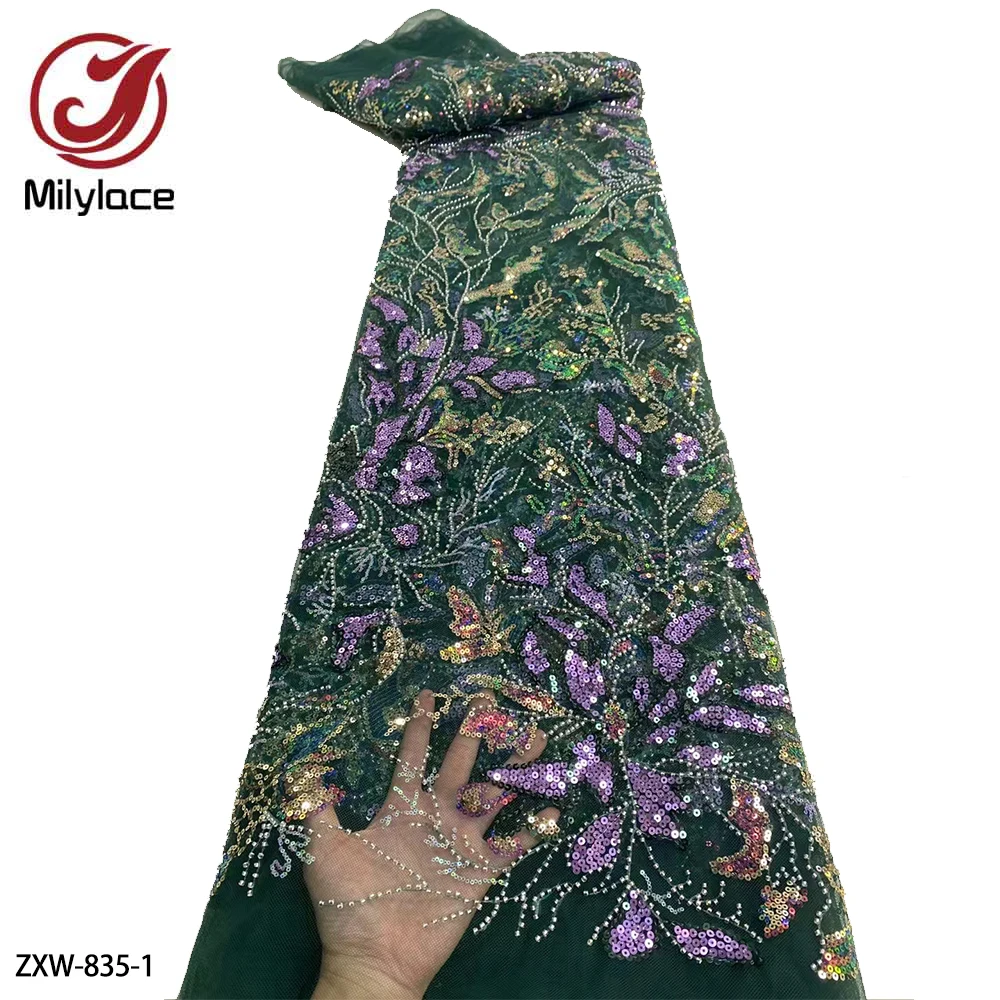 

African Lace Fabric Sequins Embroidery Nigerian Lace High Quality French Beads Lace Fabric for Wedding 5 Yards ZXW-835