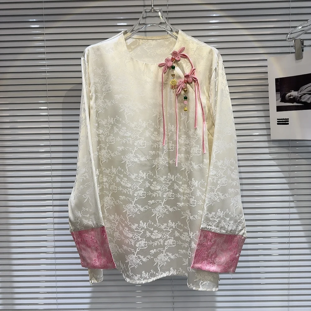 Chinese Style Long Sleeve T Shirt Women 2024 Spring New Temperament National Style Buckle Embroidered Jacquard Tops Blusas Mujer