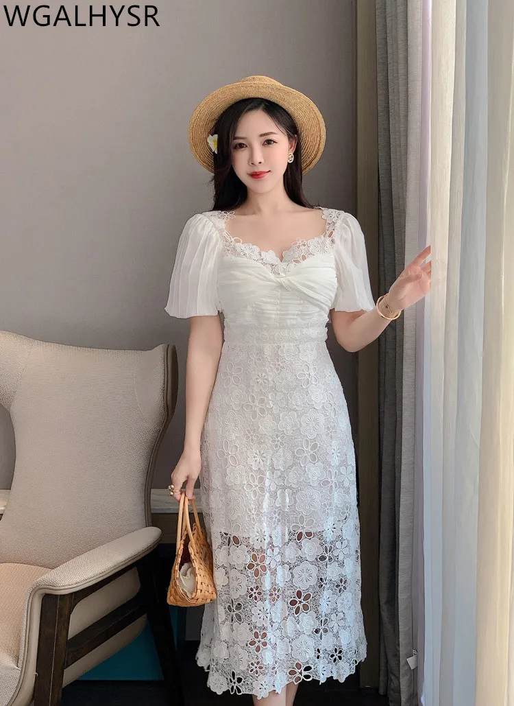 

High Quality Design Runway Summer Dress Women's Bubble Sleeve Water Soluble Lace Hollow Out Long Dress