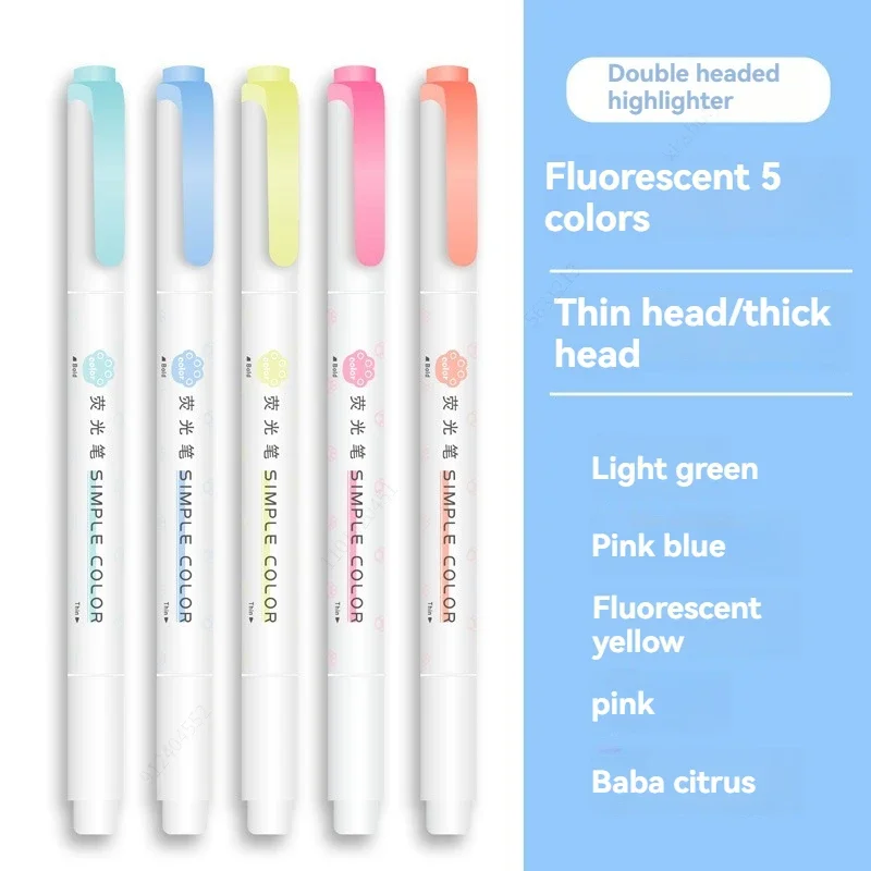 5-Piece Double-Ended Fluorescent Highlighter Pen Set - Vibrant Colors