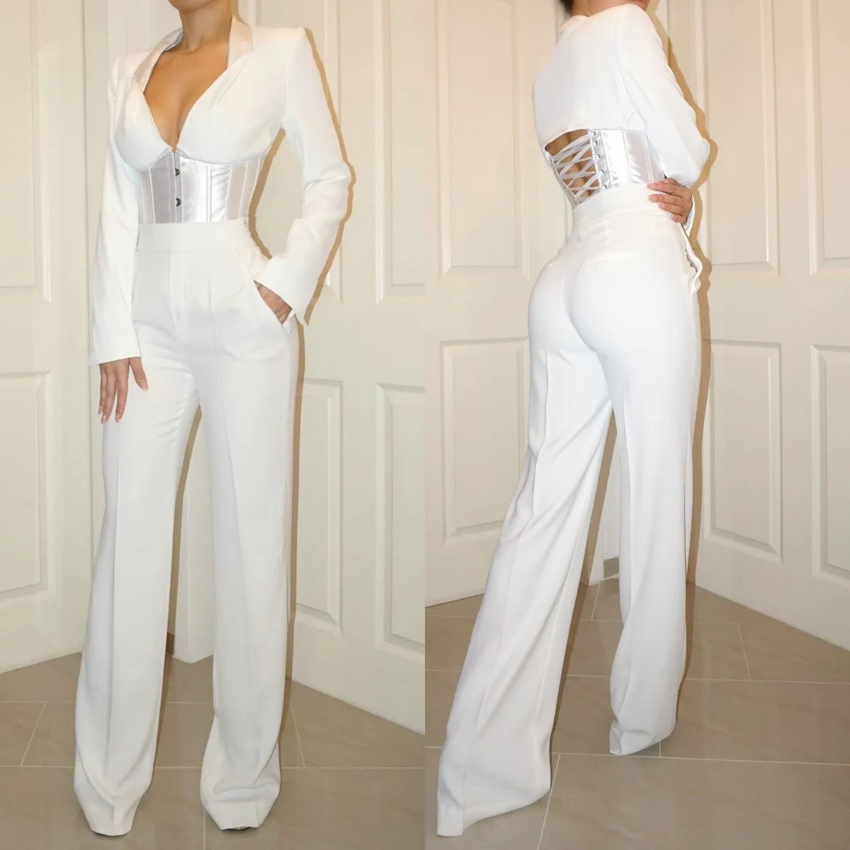 2 Pcs White Prom Dresses Pant Suit Corset Top Long Evening Gowns Lace ...