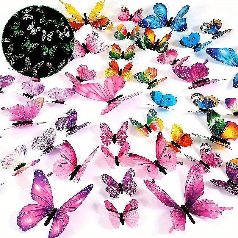 12pcs Glow-in-the-Dark 3D Butterfly Wall Decals - UV Luminous Stickers