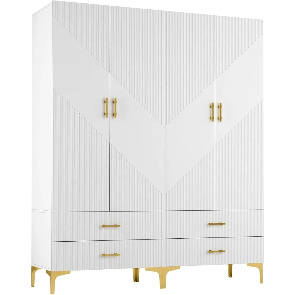 Wardrobe Armoire with 4 Doors, 4 Drawers and 2 Hanging Rods, Twill Wood Closet Storage with Metal Cabinet Legs, Wardrobes 6