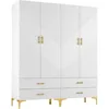 Wardrobe Armoire with 4 Doors, 4 Drawers and 2 Hanging Rods, Twill Wood Closet Storage with Metal Cabinet Legs, Wardrobes 6