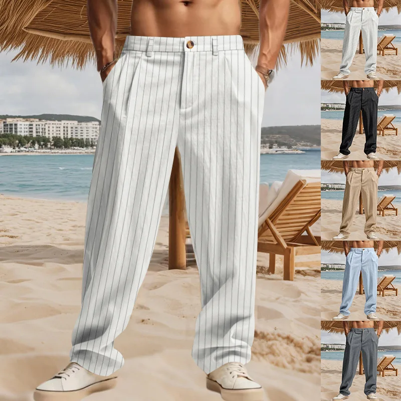 Men Autumn Spring Elastic Waist Striped Workwear Trousers