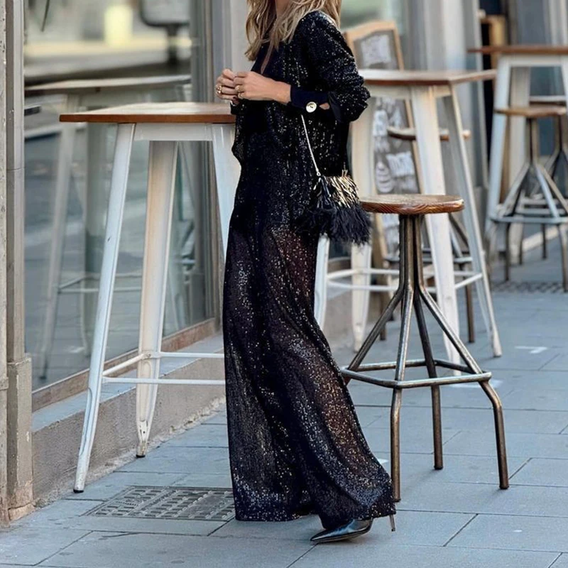 

Elegant Temperament Party Outfits Fashion High Street Sequin Two Piece Set 2024 New Lady Lapel Blazer Jacket and Long Pants Suit