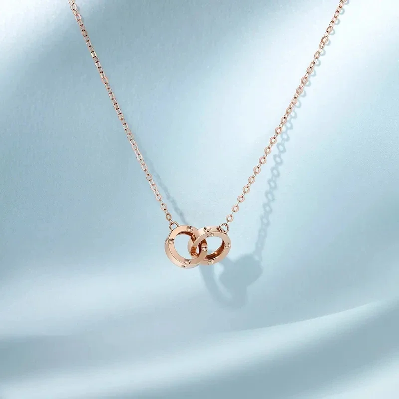 

585 Purple Gold Plated 14K Rose Gold Double Ring Necklace Pendant Fashion Chain Classic Elegant Jewelry Gift for Girlfriend