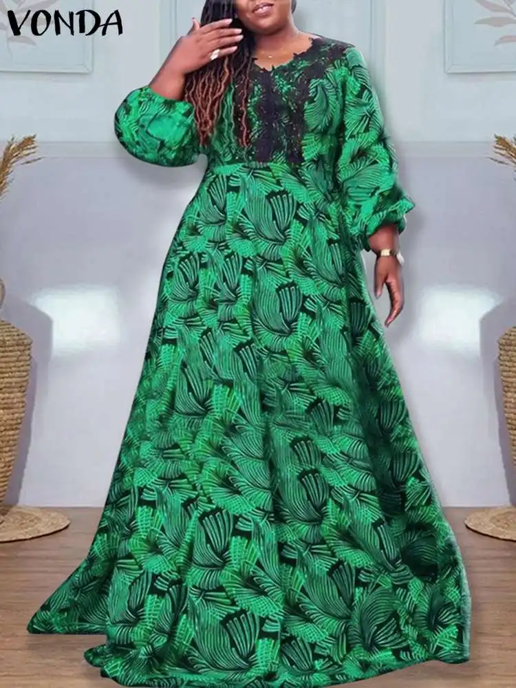 

Plus Size 5XL VONDA Women Bohemian Dress 2024 Vintage Printed Dress Long Puff Sleeve Patchwork Casual Sundress Loose Vestidos