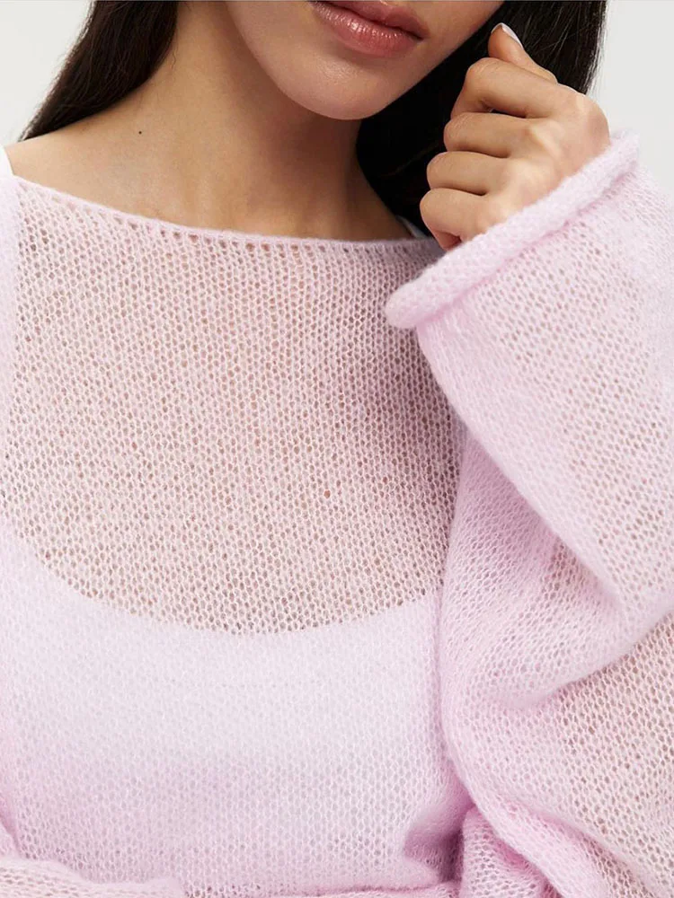 Knitted Hollow Sweater Pullover Women's Loose Long-Sleeved Fashion Solid Color Round Neck See-Through Street Top Pullover