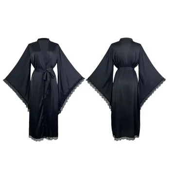 Long Bride Wedding Robe Women Elegant Sleepwear Big Sleeve Lace Full Slip Kimono Loungewear Soft White Rayon Home Dressing Gown 4