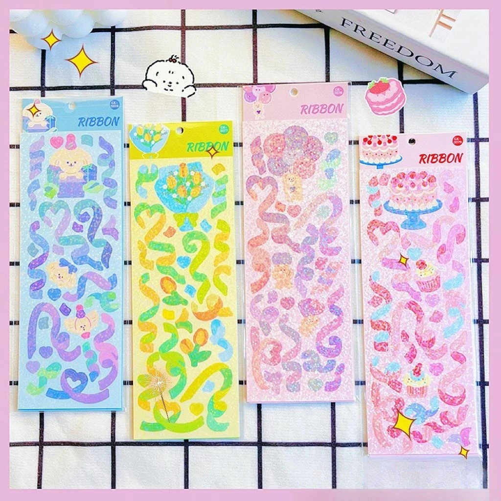 8pcs Korean Style Cute Ribbon Stickers - Kawaii Hologram Stickers For  Toploader Deco, Notebook, Laptop, Phone And More - Stationery Sticker -  AliExpress