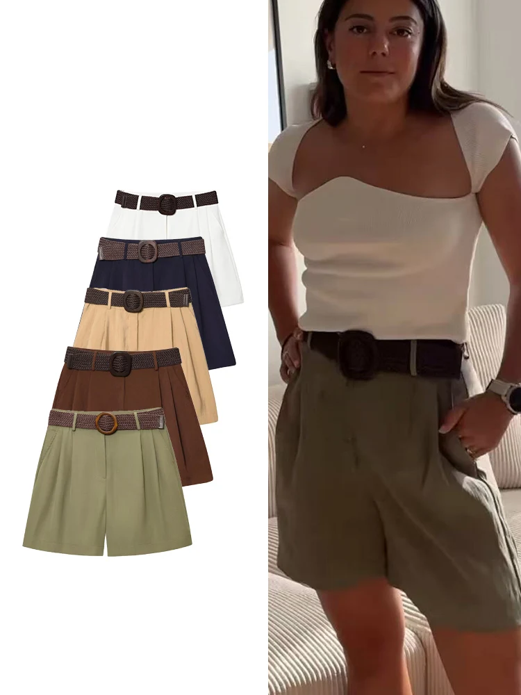 TFMLN Casual Women's Chic Belt Shorts Solid Side Pockets Straight Shorts 2025 Summer Fashion Simple Female Vintage Shorts