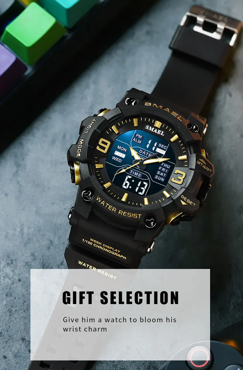 Smael Uhr Sport LED Licht Wecker Dual Time Display wasserdichte Woche Auto Datum Armbanduhren Quarz – Detail 17