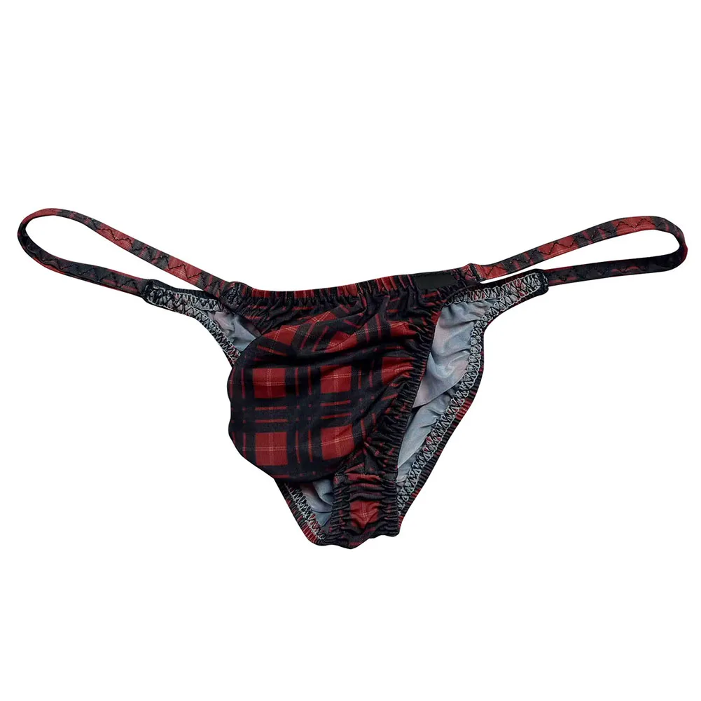 Men Sexy Ice Silk Breathable Plaid Printed Thong Panties Super Low Waist Stretchy T-back Briefs Bulge Pouch Erotic Underpants