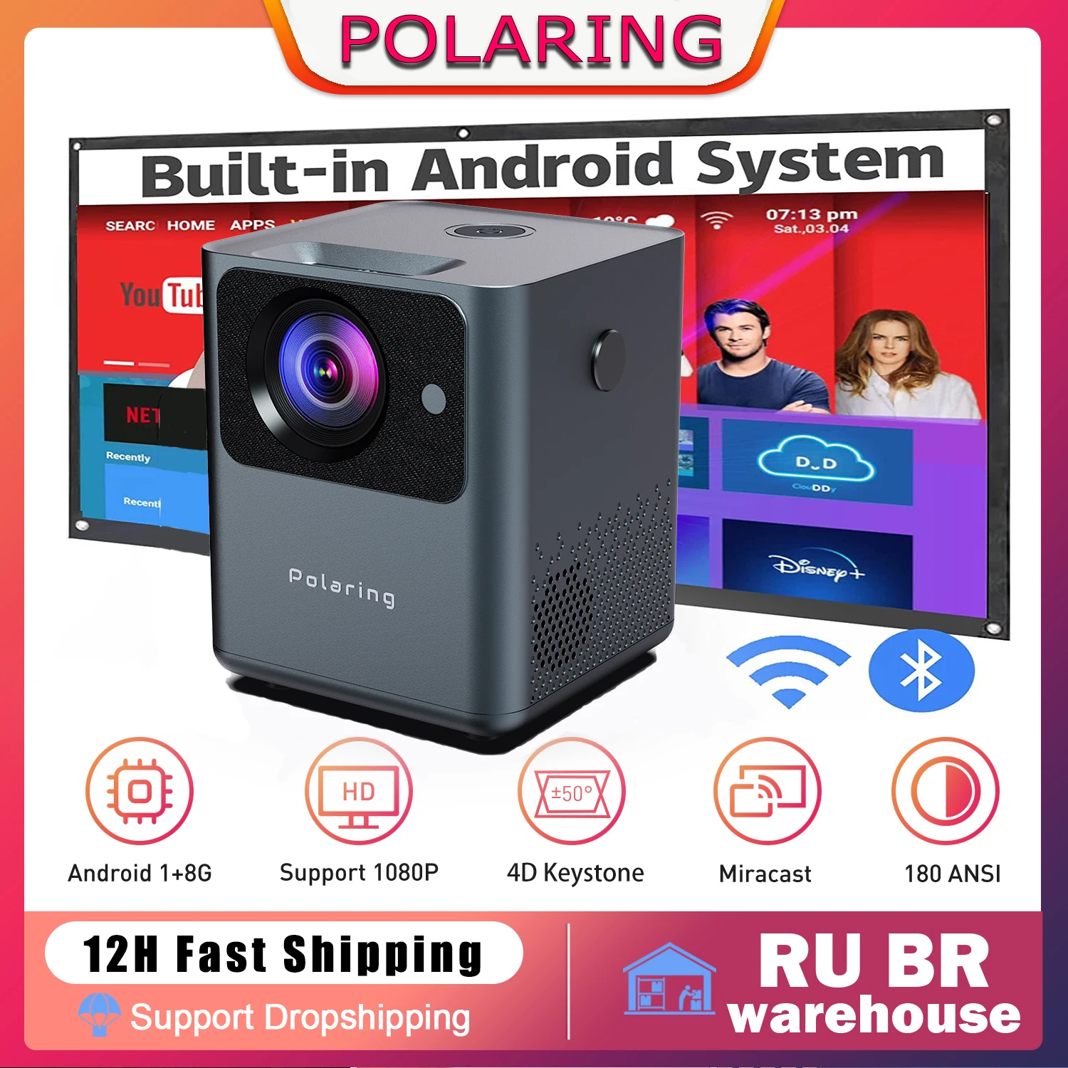 Polaring A2pro Digital Projector 1080P 4D Keystone Android System 5GWIFI Brazil stock 180ANSI