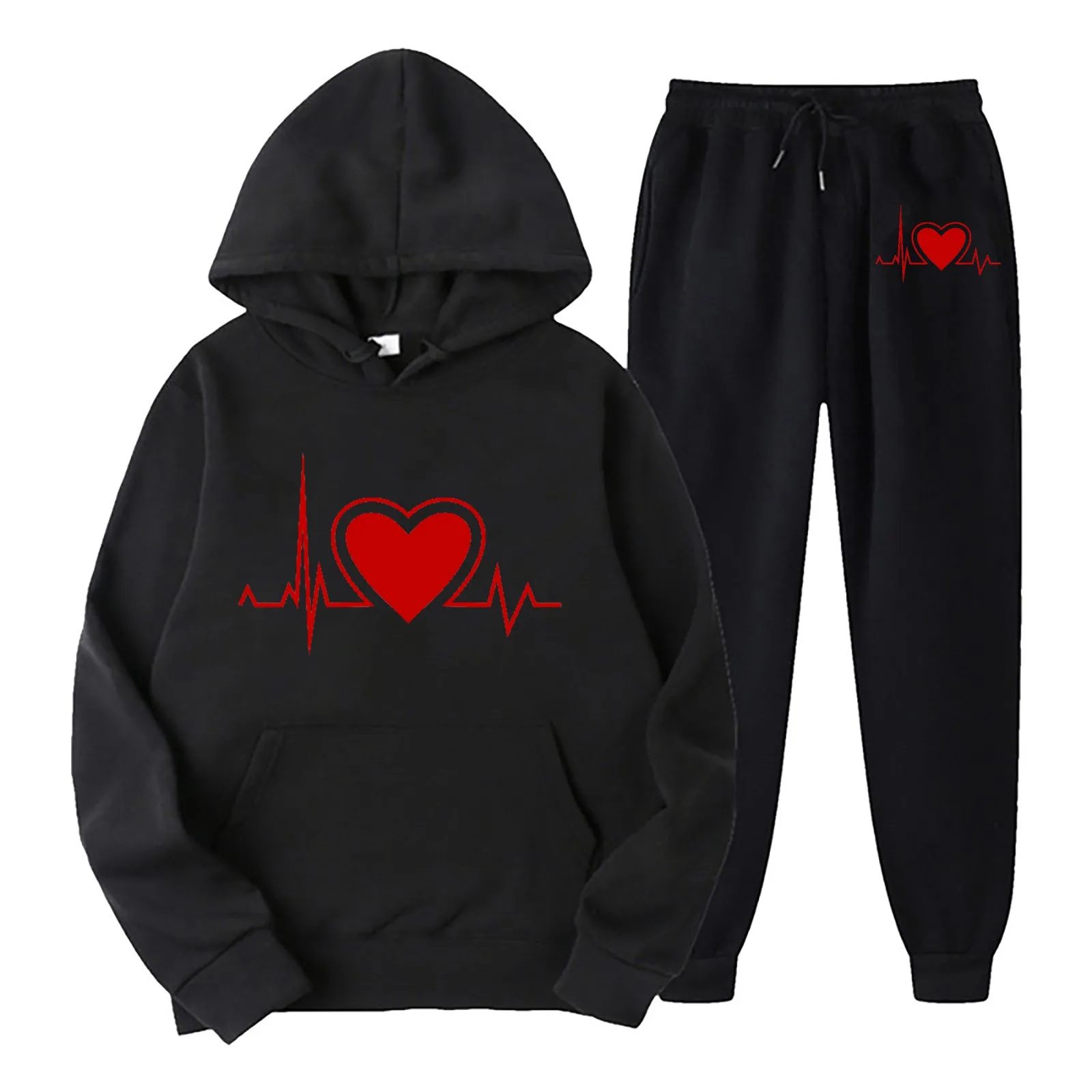 

Fashion Casual Heart Printed Tracksuit Hoodies Pullovers 2023 Women Autumn Winter Plus Fleece Hoodies 2 Piece Set Sweatshirts