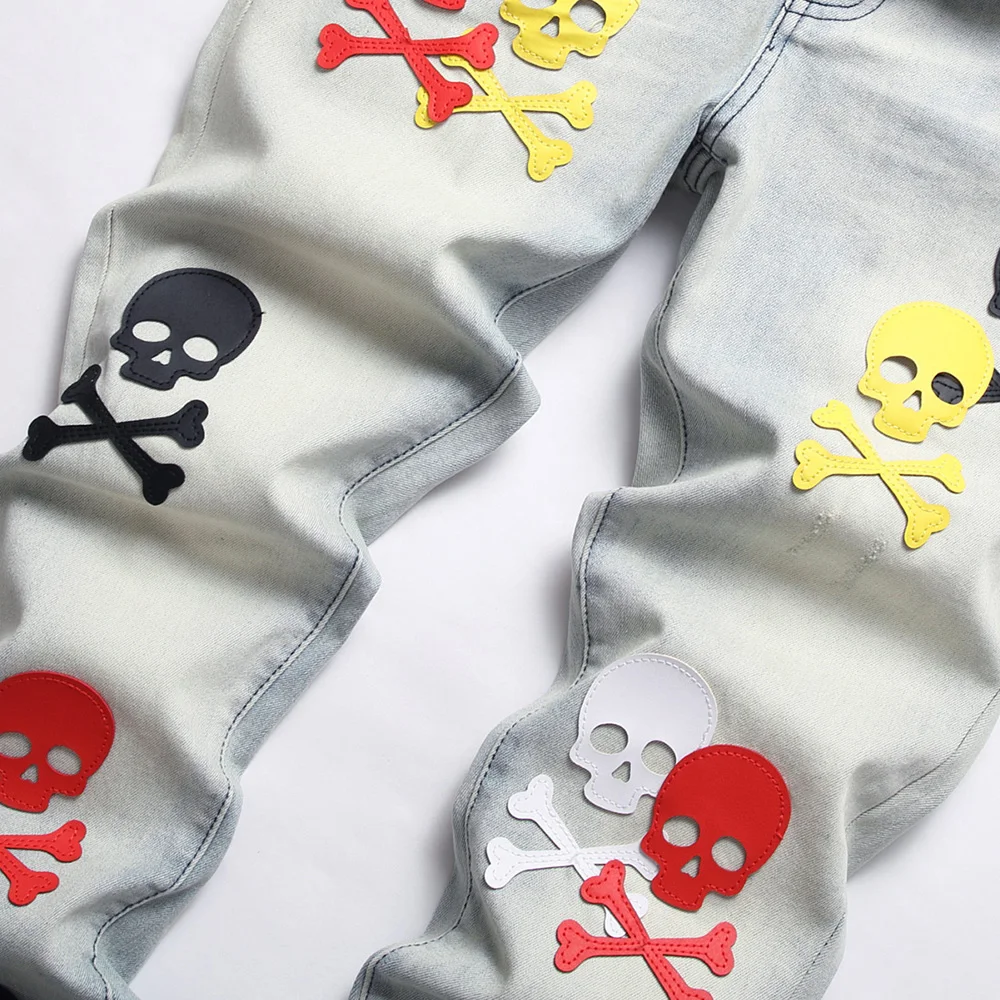 Men Skull Patches Stretch Denim Jeans Streetwear Light Blue