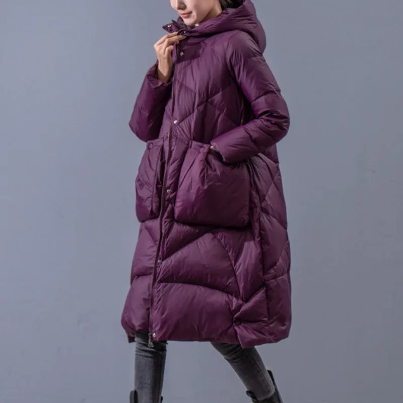 2023 New Women Down Jacket Winter Coat Long-style Large Size Loose  Parkas Literary Retro Skirt Thicken Outwear Hooded Overcoat