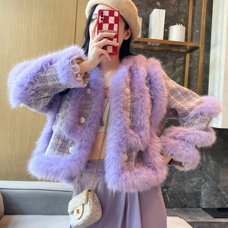 

2022 Winter New Luxury Fox Fur Stitching Purple Fur Coat Women Socialite V-neck Long Sleeve Double Breasted Woolen Jacket Casaco