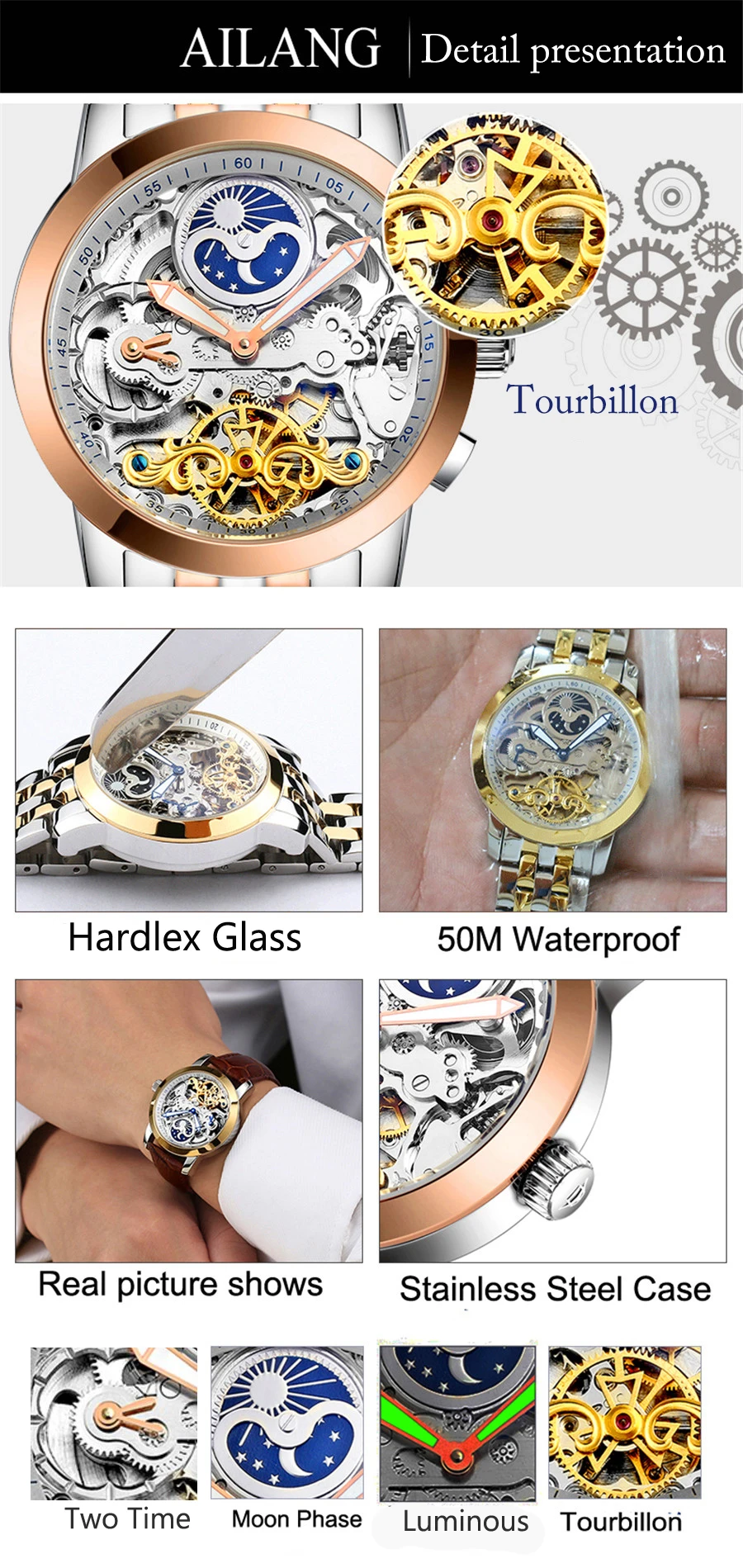 AILANG exklusive original design männer transparent mechanische uhr qualität uhr wasserdichte edelstahl uhr dual display – Detail 8