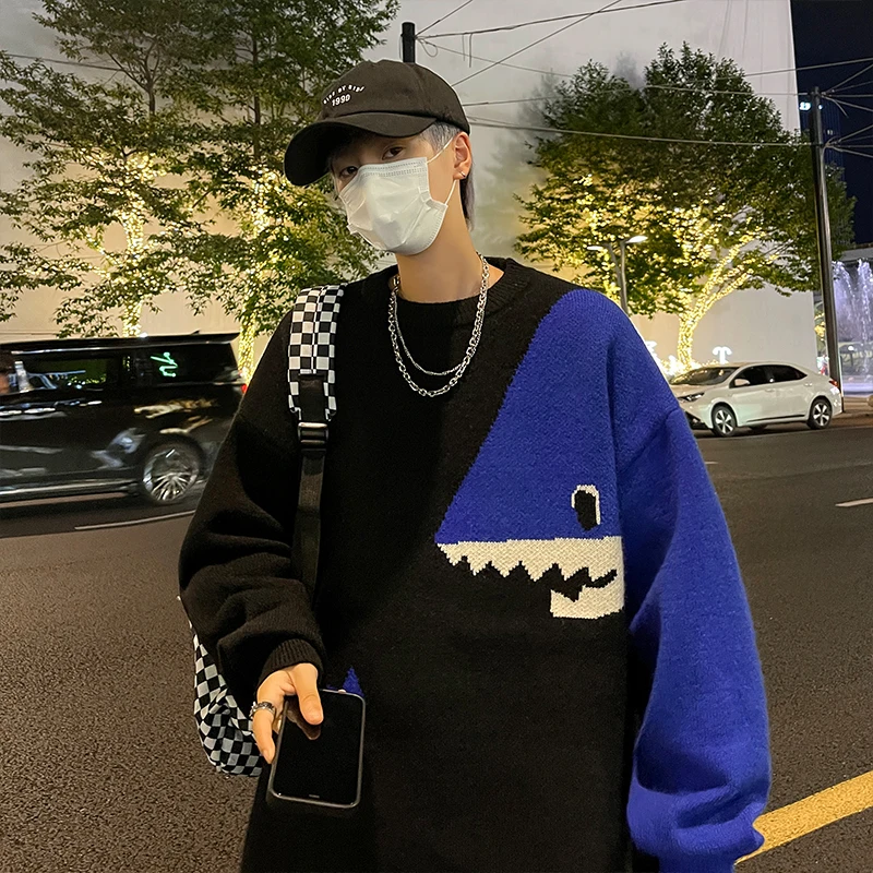 Men's Winter Knitted Sweater Pullover Print Korean Fashion Clothes Knitwears Clothing   Round Neck Loose Versatile Long Sleeves