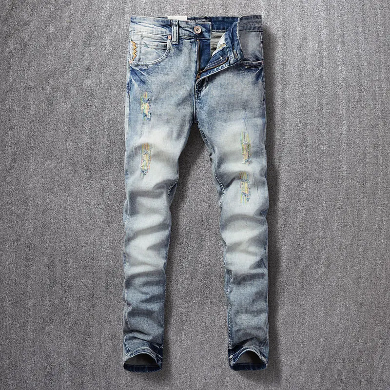 Fashion Vintage Men Jeans Retro Washed Light Blue Elastic Stretch Slim Ripped Jeans Embroidery Designer Patched Denim Pants Men
